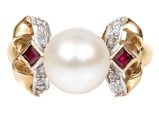 Effortless 14K Pearl And Ruby Ring, Size 7.25