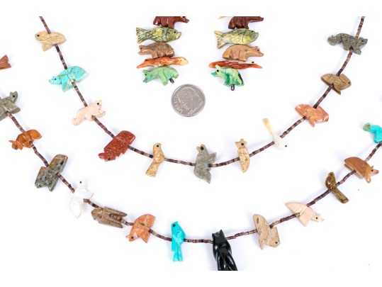 Fabulous Sterling Silver And Carved Stone Two Row Fetish Necklace And Compatible Earrings