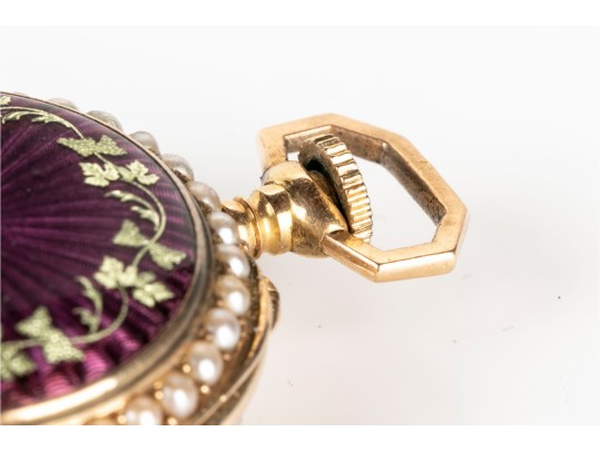 18k Yellow Gold Antique Lever Set Purple Guilloche Enamel Pendant Watch