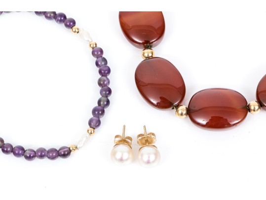 Lot Of Three Beaded Or Cultured Pearl Jewelry Pieces, Including Stud Earrings