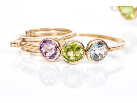 Colorful 14K Amethyst, Peridot And Topaz Set Hoop Earrings