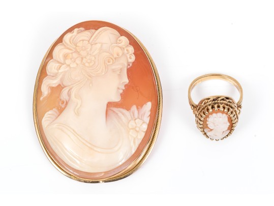Classic 14K Cameo Brooch And Ring, Size 4.25