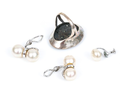 Lot Of Sterling Silver Jewelry Including A Ring And Faux Pearl Earrings