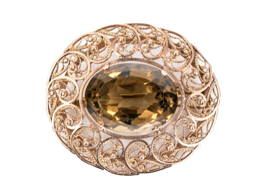 Elegant 14K Smoky Quartz Filigree Brooch