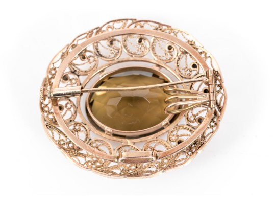 Elegant 14K Smoky Quartz Filigree Brooch