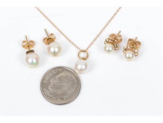 14K And Cultured Pearl Earrings And Pendant Necklace