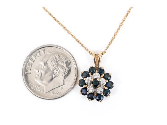 14K Sapphire And Accent Diamond Cluster Pendant Necklace
