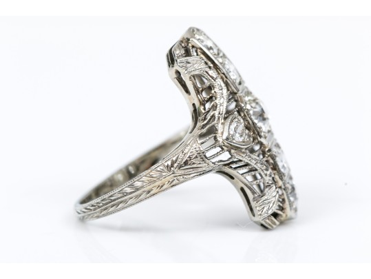 Vintage 18K White Gold Old European Cut Diamond Elongated Ring, Size 5.25-
