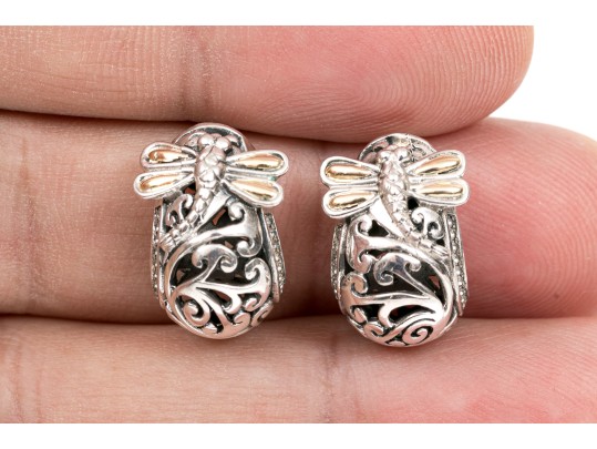Charming Sterling And 18K Accented Dragonfly And Scrollwork Earrings