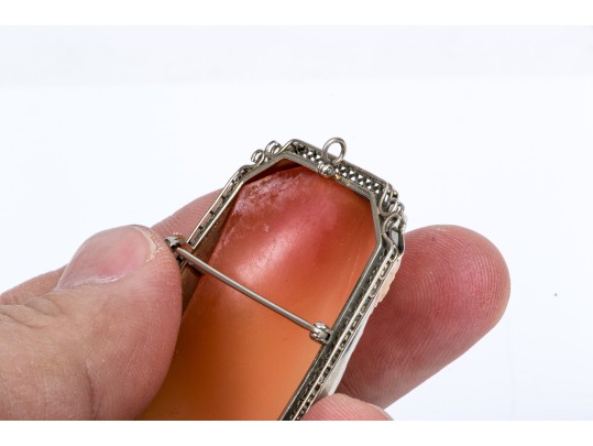 14k White Gold Large Lovely Vintage Rectangular Cut Corner Cameo Brooch/pendant