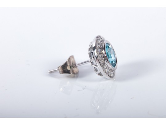 14k White Gold Blue Zircon And CZ Stud Earrings