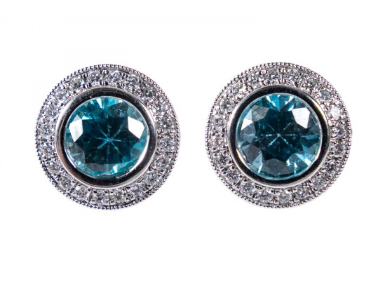 14k White Gold Blue Zircon And CZ Stud Earrings