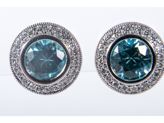 14k White Gold Blue Zircon And CZ Stud Earrings
