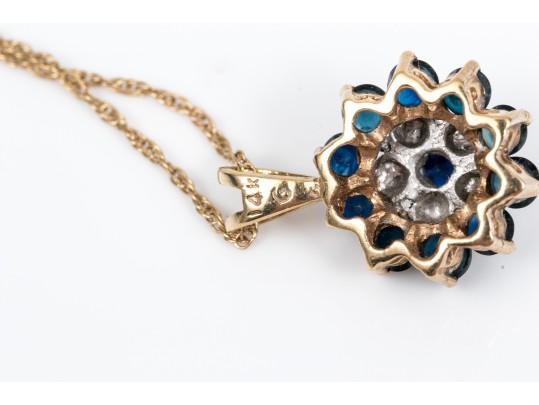 14K Sapphire And Accent Diamond Cluster Pendant Necklace