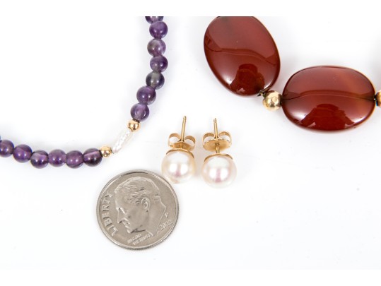 Lot Of Three Beaded Or Cultured Pearl Jewelry Pieces, Including Stud Earrings