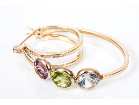 Colorful 14K Amethyst, Peridot And Topaz Set Hoop Earrings