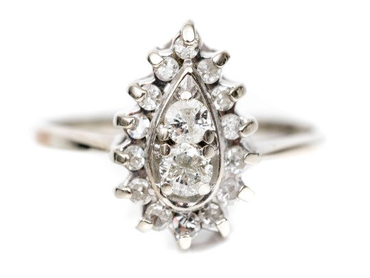 Stunning 14K White Gold Brilliant Diamond Pear Form Ring, Size 8-