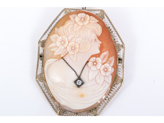 14k White Gold Large Pretty Vintage Cameo Brooch/pendant, With Diamond, Signed