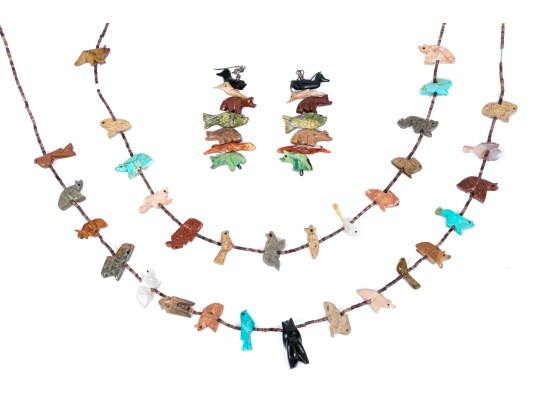 Fabulous Sterling Silver And Carved Stone Two Row Fetish Necklace And Compatible Earrings