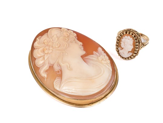 Classic 14K Cameo Brooch And Ring, Size 4.25