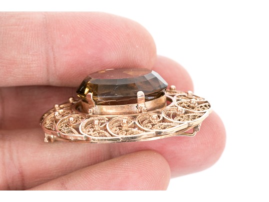 Elegant 14K Smoky Quartz Filigree Brooch