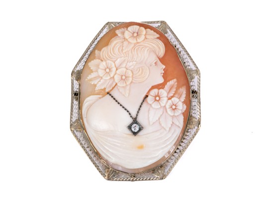14k White Gold Large Pretty Vintage Cameo Brooch/pendant, With Diamond, Signed