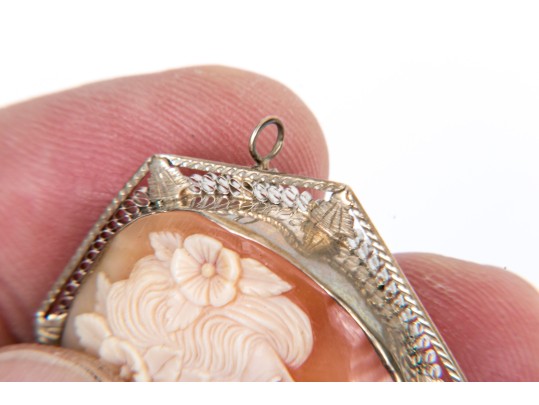 14k White Gold Large Pretty Vintage Cameo Brooch/pendant, With Diamond, Signed