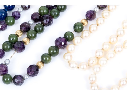 Lot Of Four Bead Necklaces, Including Amethyst And Jade, Chalcedony, Cultured Pearl And Sodalite