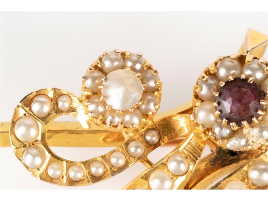 Lovely Antique 14k Yellow Gold And Seed Pearl Swirl And Flower Motif Brooch