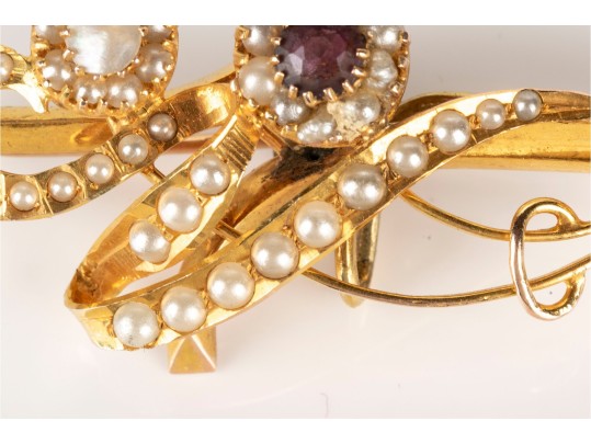 Lovely Antique 14k Yellow Gold And Seed Pearl Swirl And Flower Motif Brooch