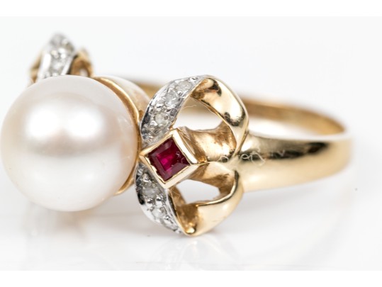 Effortless 14K Pearl And Ruby Ring, Size 7.25