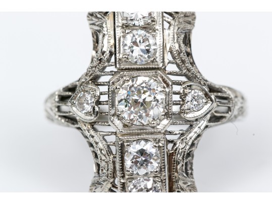 Vintage 18K White Gold Old European Cut Diamond Elongated Ring, Size 5.25-