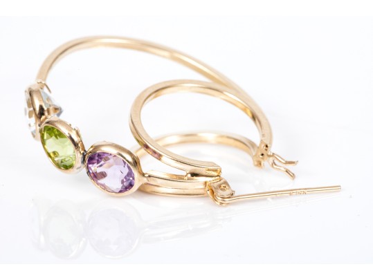 Colorful 14K Amethyst, Peridot And Topaz Set Hoop Earrings