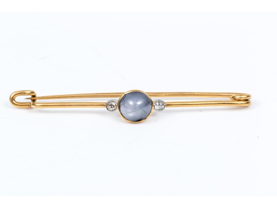 18k Yellow Gold Handsome Blue Star Sapphire And Diamond Kilt Pin
