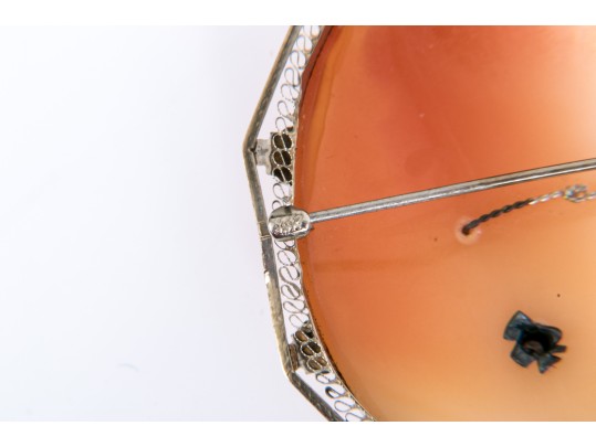 14k White Gold Large Pretty Vintage Cameo Brooch/pendant, With Diamond, Signed