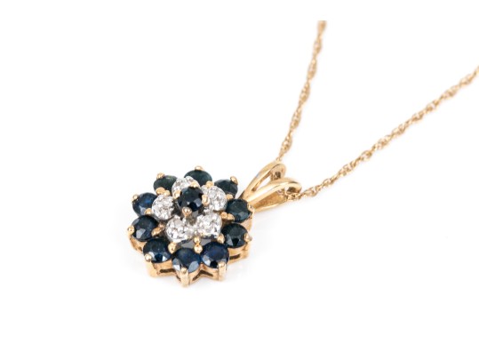 14K Sapphire And Accent Diamond Cluster Pendant Necklace