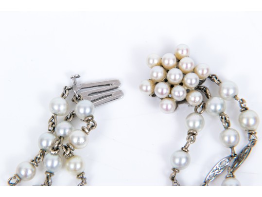 14k White Gold Vintage Three Strand Cultured Pearl And Plaque Link Bracelet