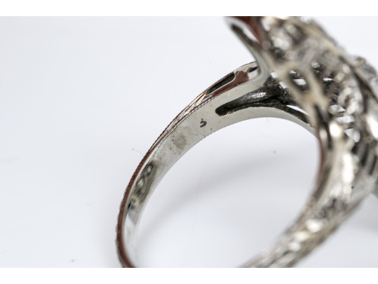 Vintage 18K White Gold Old European Cut Diamond Elongated Ring, Size 5.25-