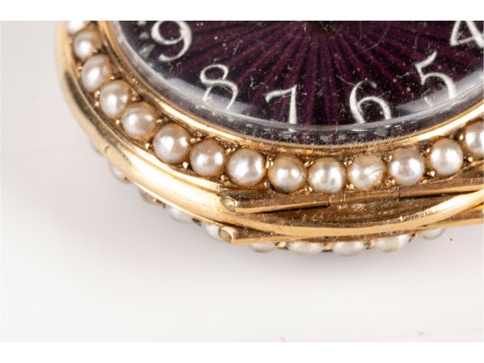 18k Yellow Gold Antique Lever Set Purple Guilloche Enamel Pendant Watch