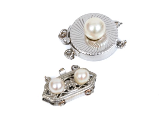 Pair Of Vintage 14k White Gold Cultured Pearl Decorated Double Strand Pearl Clasps