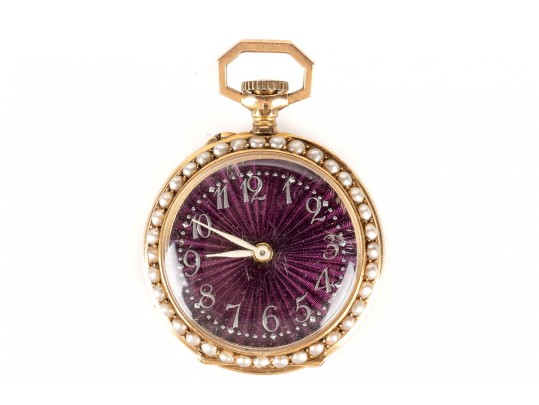 18k Yellow Gold Antique Lever Set Purple Guilloche Enamel Pendant Watch