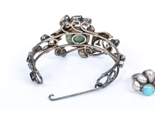 Sterling Striking Larimer, Amethyst And Cultured Freshwater Pearl Cuff Bracelet, With Ring