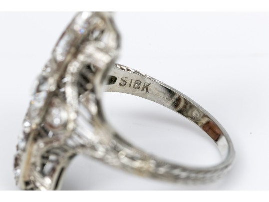 Vintage 18K White Gold Old European Cut Diamond Elongated Ring, Size 5.25-