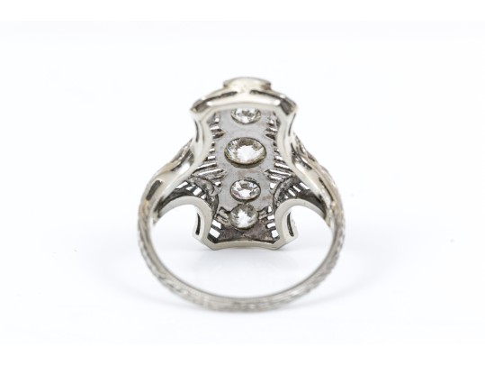 Vintage 18K White Gold Old European Cut Diamond Elongated Ring, Size 5.25-