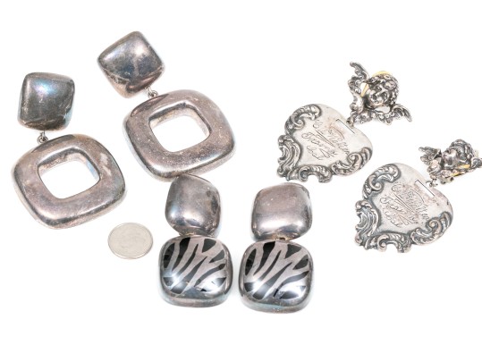 Three Pairs Of Sterling Pendant Clip Back Earrings