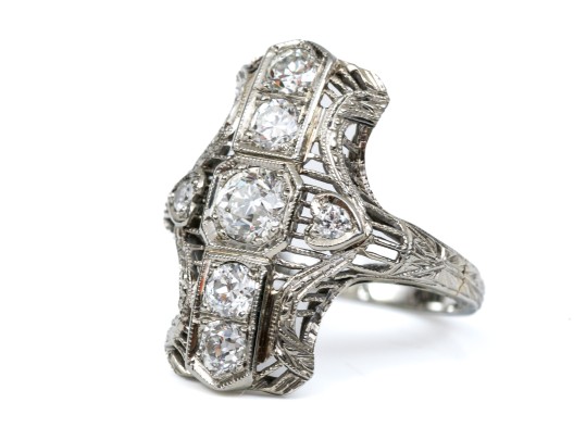 Vintage 18K White Gold Old European Cut Diamond Elongated Ring, Size 5.25-