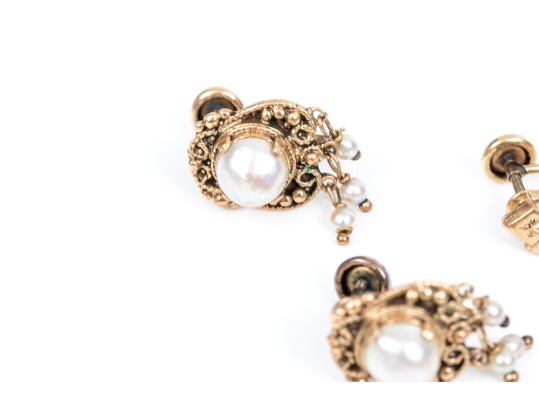 14k Yellow Vintage Lot Of Cultured Pearl And Screw Back Earrings, Assorted Styles