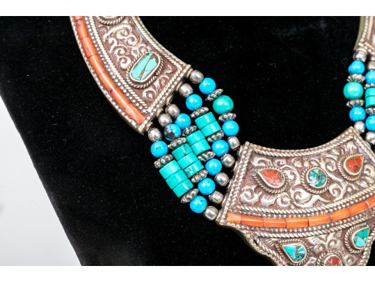 Two Striking Beaded And Ornate Stone Necklaces