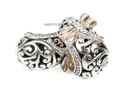 Charming Sterling And 18K Accented Dragonfly And Scrollwork Earrings