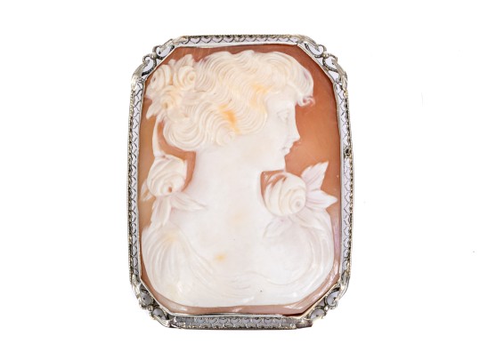 14k White Gold Large Lovely Vintage Rectangular Cut Corner Cameo Brooch/pendant
